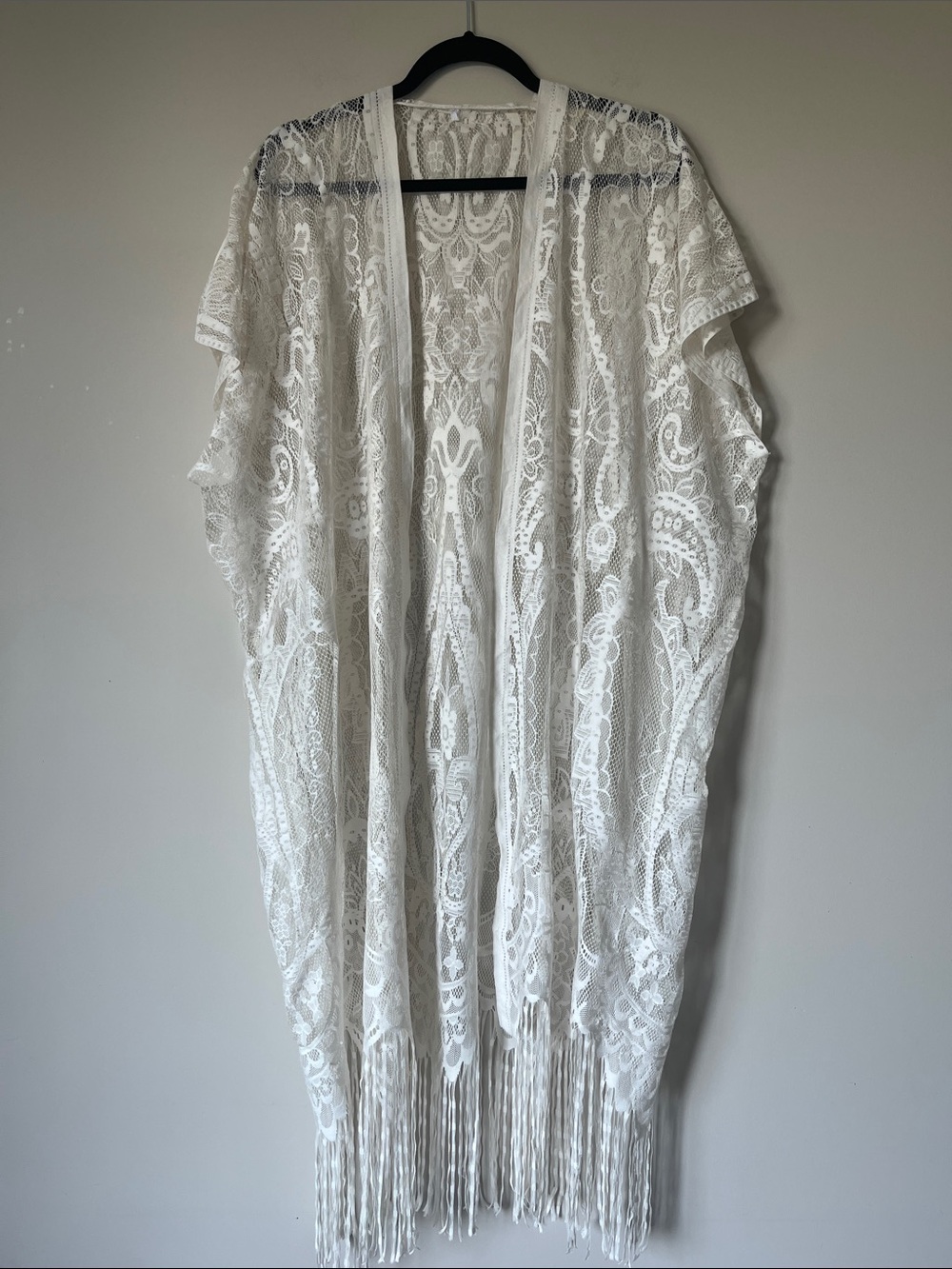 Ivory Sheer Floral Lace Fringe Kimono Duster Beach Cover-Up Onesize - Picture 2 of 8